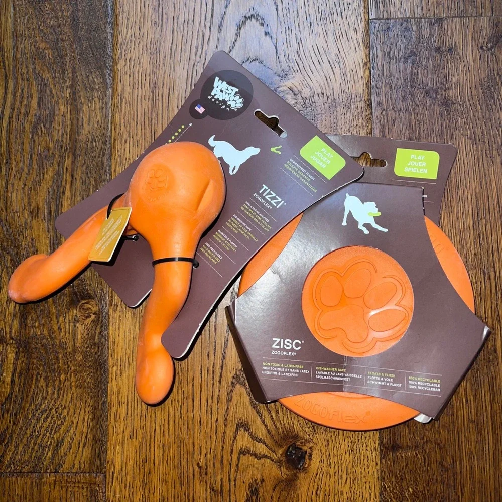 West Paw Zogoflex Dog Toy Set Tizzi Treat Toy and Zisc Flying Disc Orange NEW